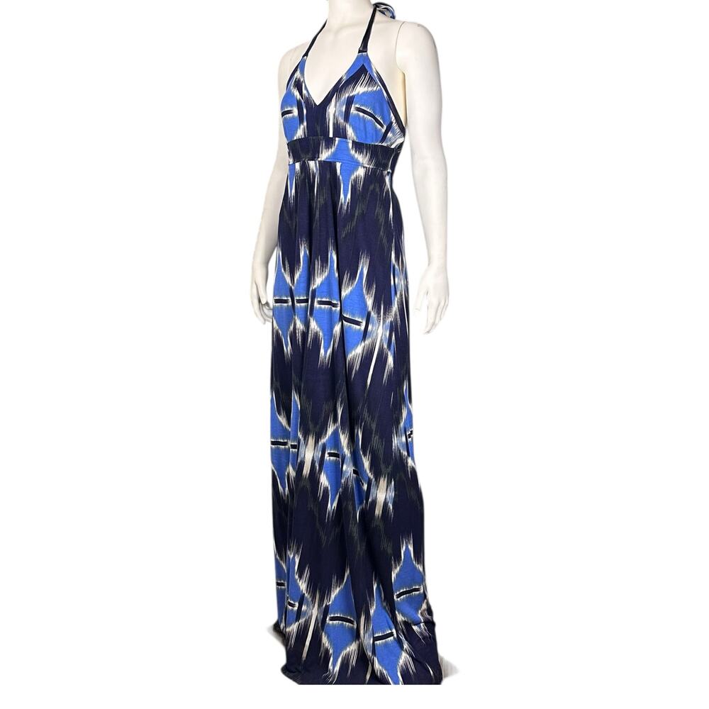 Banana Republic M Abstract Blue Ikat Maxi Halter Dress Modern Boho Modal - Picture 3 of 12